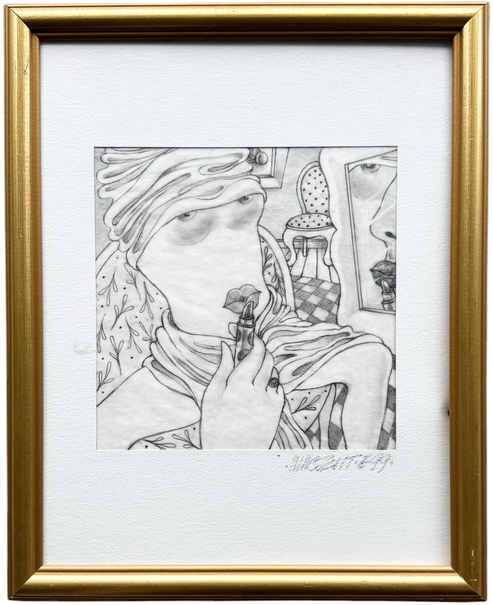 VINCENTE NOTARILE (20th c, American) Surrealist Lipstick Nude Graphite, Florida Artist: 15.5 x 12.5 in (framed)