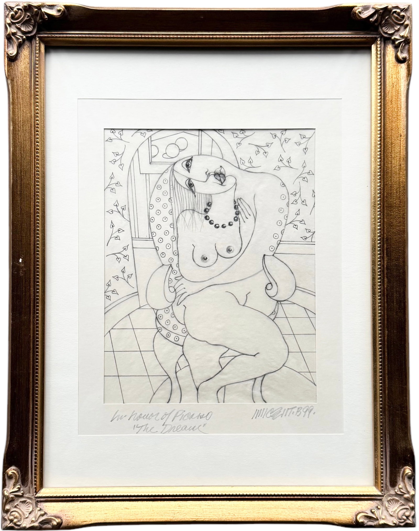 VINCENTE NOTARILE (20th c, American) Cubist Nude Graphite Drawing, Florida Artist: 18 x 14 in (framed)
