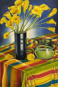 Vintage Modern Filipino Still Life Of Flowers, Yellow Lillies Signed Buenaventura
