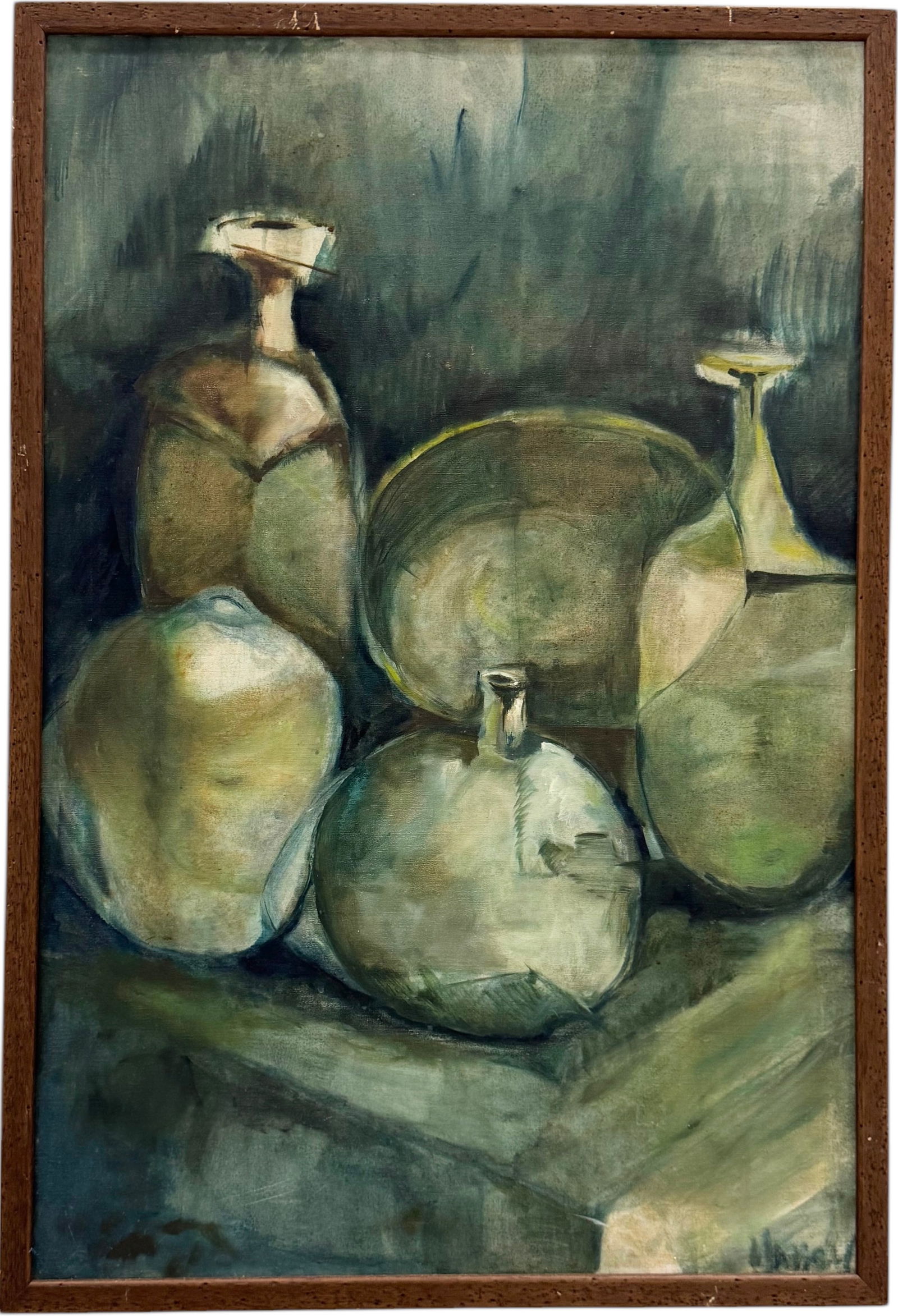Mid-Century Modern American School Still Life Of Bottles Signed Murray: Oil on canvas 37 x 25.5 in