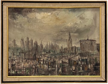 Mid-Century American School Modernist Cityscape Of New York City, Signed