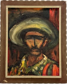 Mexican School Modernist Portrait Of A Man In A Sombrero Oil Painting