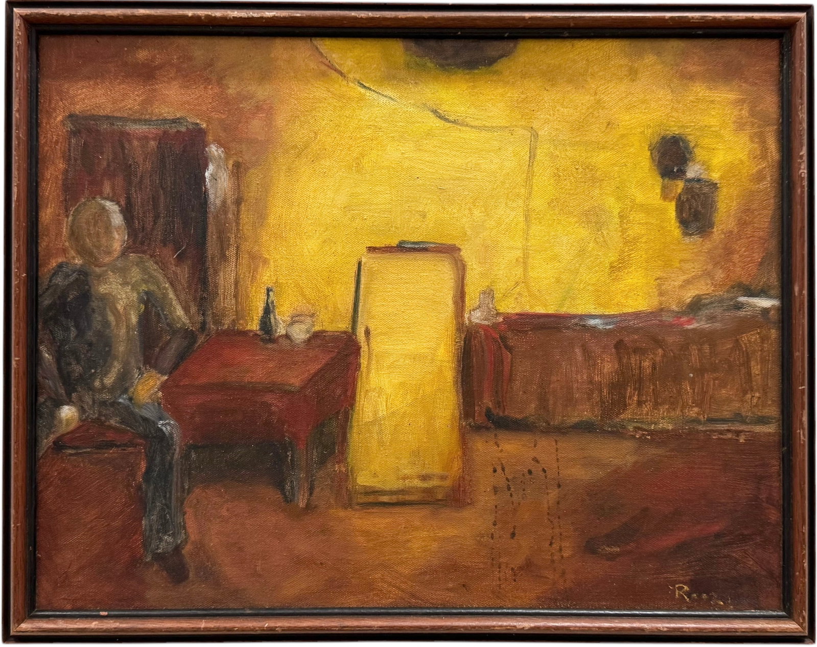 Vintage Modernist Bar Scene With Figure Oil On Canvas Signed: Oil on canvas 19 1/4 x 15 1/4 in
