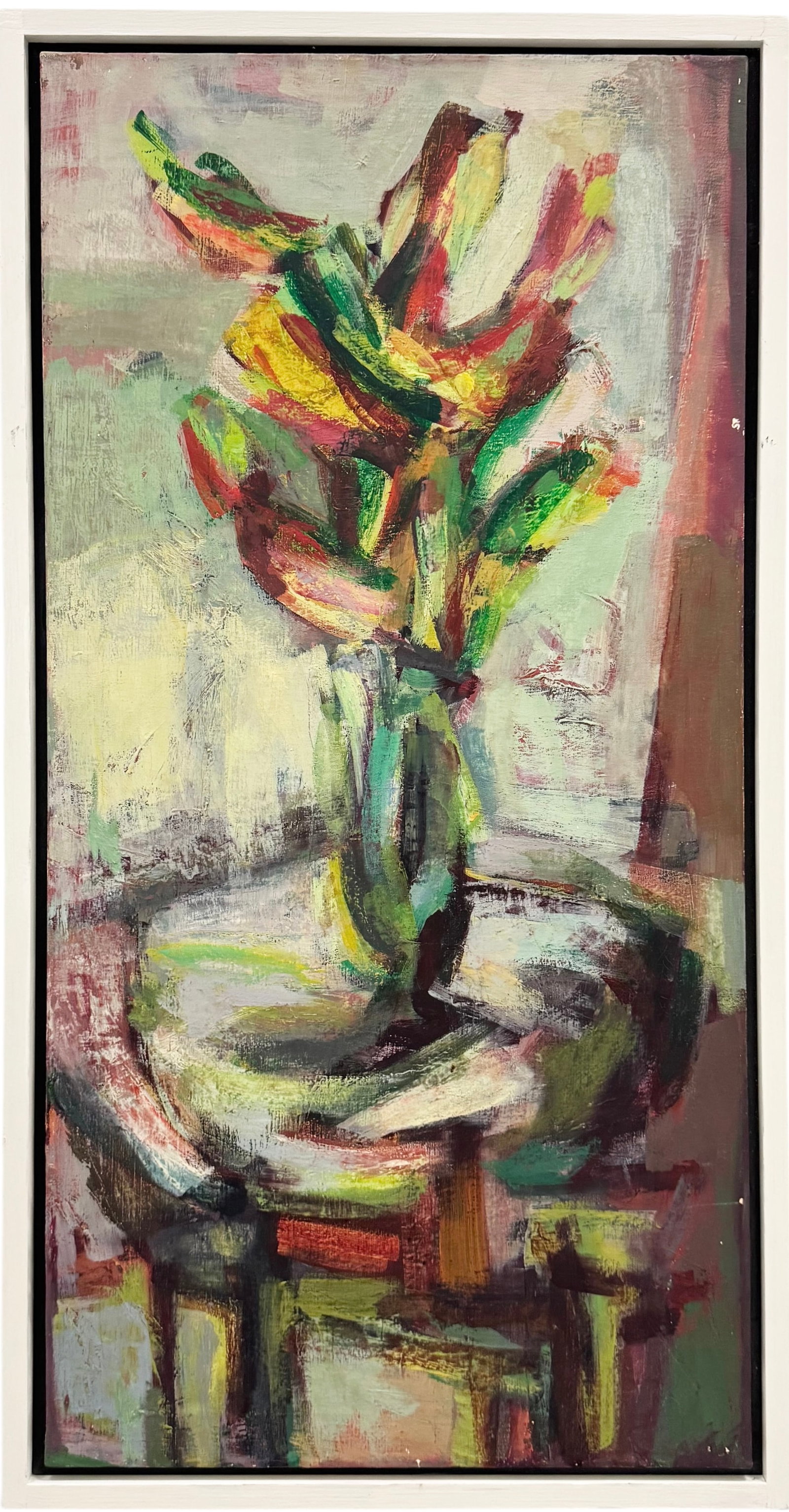 Vintage American School Modernist Still Life Of Flowers Unsigned: Oil on canvas 42.5 x 22.5 in (framed)