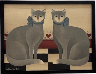 Vintage American School Painting Of Cats Signed Oil On Canvas