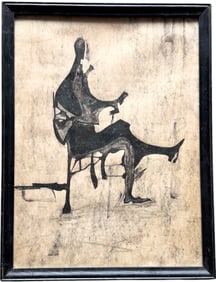 Mid-Century Modernist Seated Figure Playing Guitar Watercolor