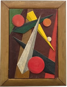 Mid-Century Modern Hand Painted Constructivist Wood Relief Abstract Wall Sculpture