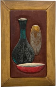 Mid-Century Modern hand Painted Wood Relief Still Life
