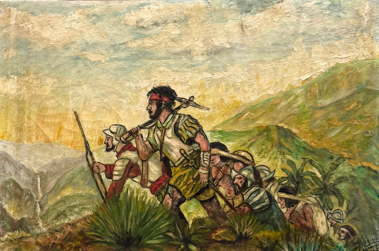 1930's Painting Of The Spanish Conquistadors In San Francisco Bay Signed: Oil on wood 24 x 16 in