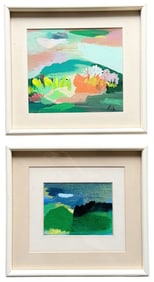 Pair Of Chinese School Modernist Landscape Paintings In Matching Frames