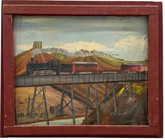 1940's Vintage American Western Folk Art Landscape With Train Monogrammed