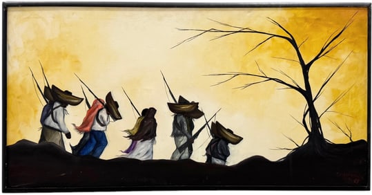 1960's Mexican Modernist Revolutionaries On The Move Signed Oil On Camvas