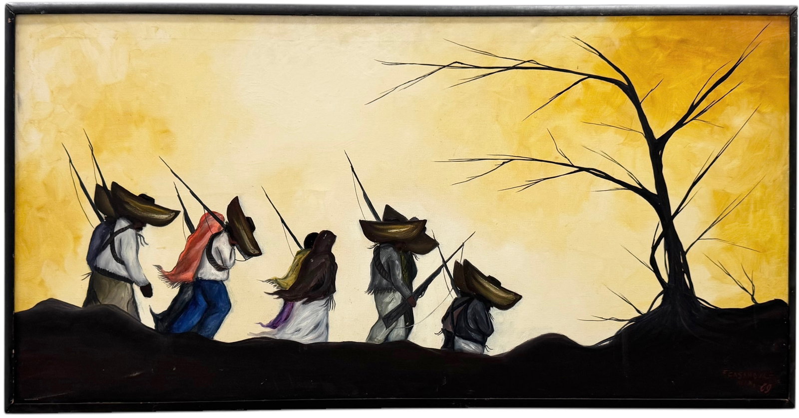 1960's Mexican Modernist Revolutionaries On The Move Signed Oil On Camvas: Oil on canvas 40.5 x 20.5 in (framed)