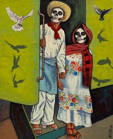Mexican School Day Of The Dead Painting Signed Avila