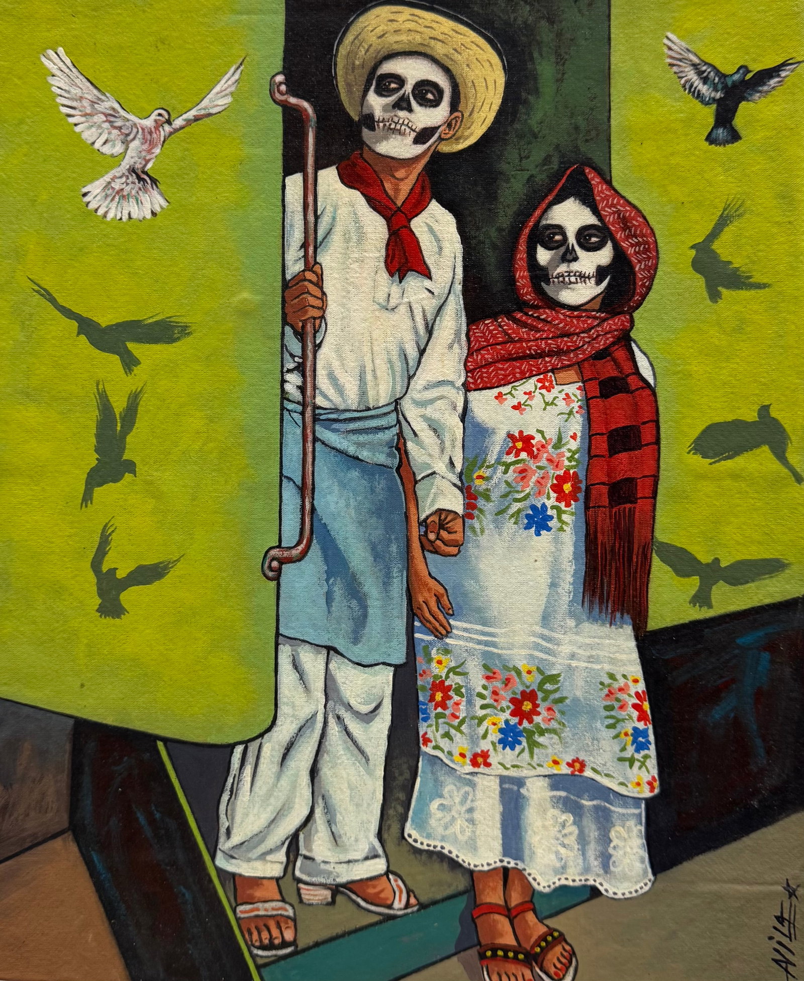 Mexican School Day Of The Dead Painting Signed Avila: Oil on board 15.5 x 13 in unframed