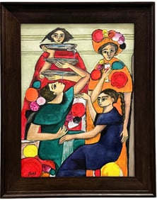 Mexican School Cubist Figures Women Celebrating Signed Diaz