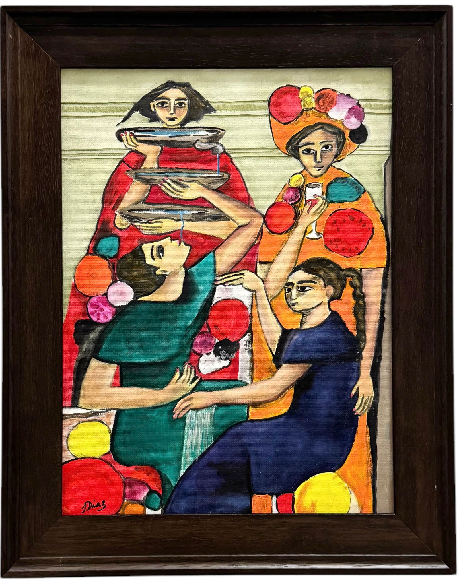 Mexican School Cubist Figures Women Celebrating Signed Diaz (1 of 2)
