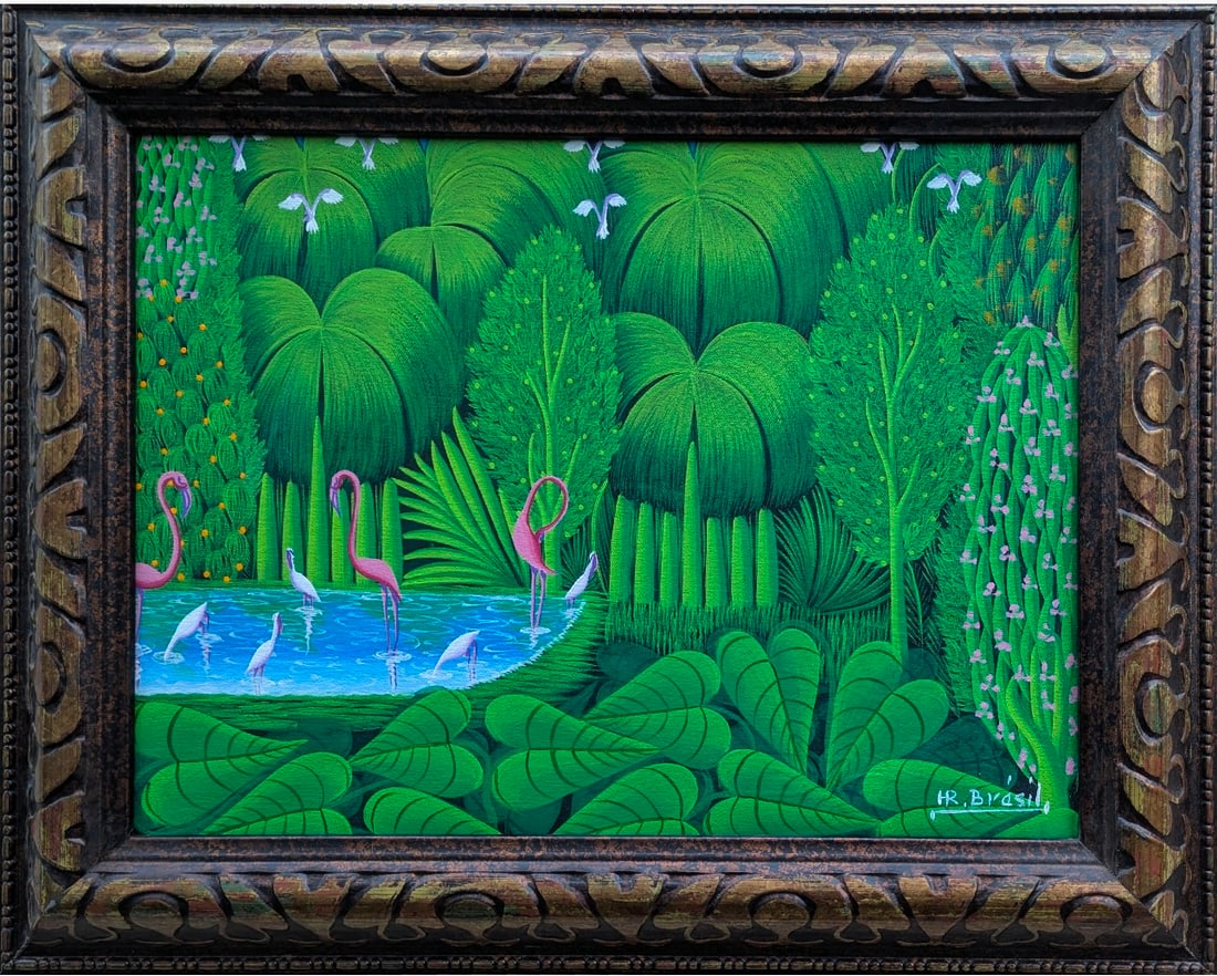 HENRI ROBERT BRESIL (1952-1999, Haitian) Jungle Landscape: Oil on canvas 12 x 16 in