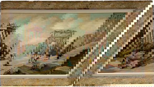 Early 20th Century Italian School Landscape With Roman Ruins & Figures Signed