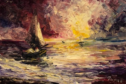 Mid-Century Israeli Seascape Signed Hebrew Writing Verso