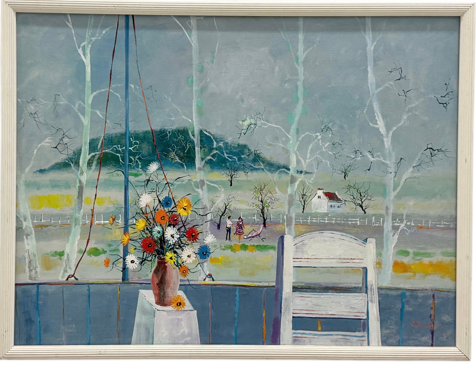 Vintage 1970's Chinese American Surrealist Whimsical Landscape: Oil on canvas 40 x 30 in