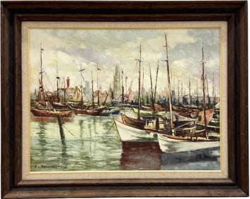 Vintage American School Harbor Scene With Boats Signed