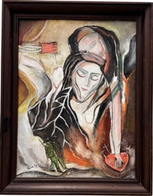 Latin American School Modernist Surrealist Painting Of Two Women