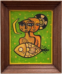 Mexican School Cubist Abstract Figures With Fish Monogrammed