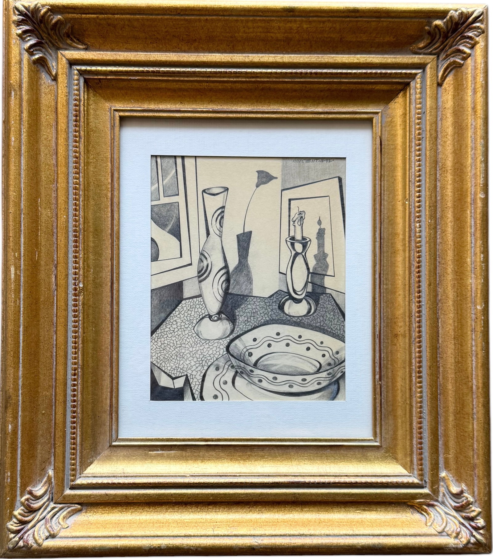 VINCENTE NOTARILE (20th c, American) Still Life Graphite Drawing, Florida Artist: 7.5 x 6 in, 16 1/4 x 14 1/4 in (framed)