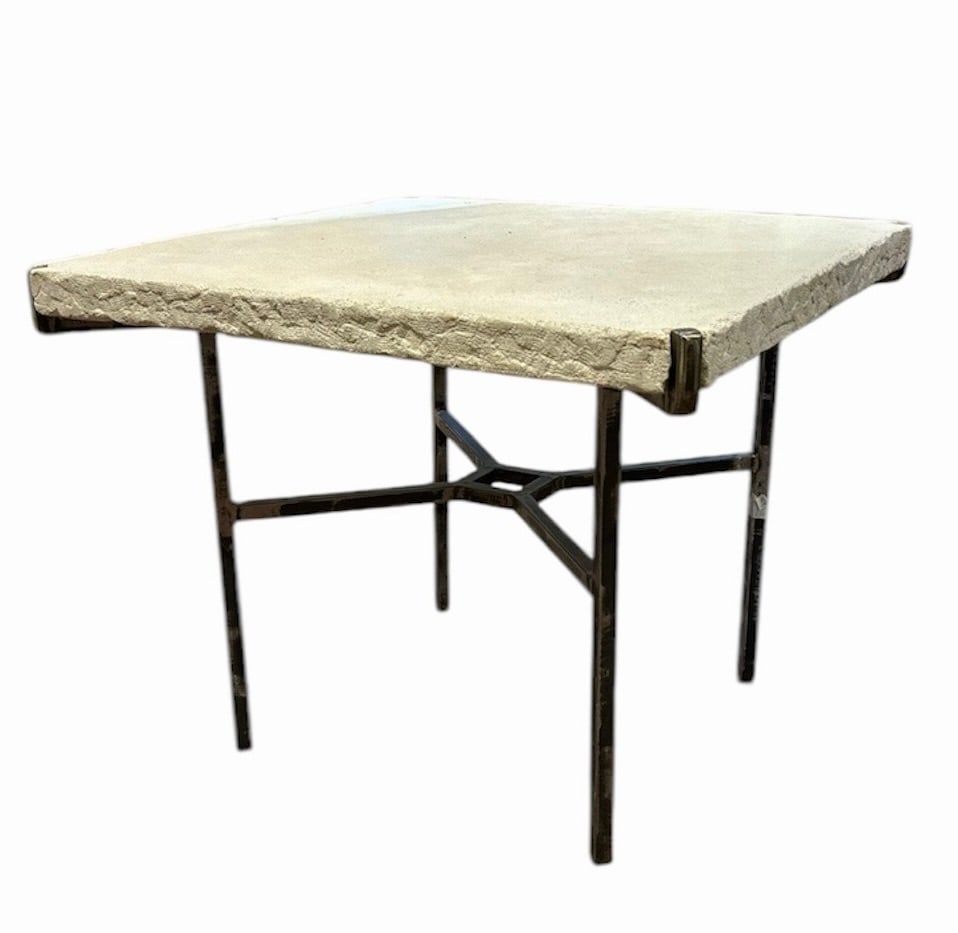 Silas Seandel Signed Bespoke Center Table With Fossilized StoneTop With Bronze Base: 29 H x 36 x 36 in. More photos coming this week