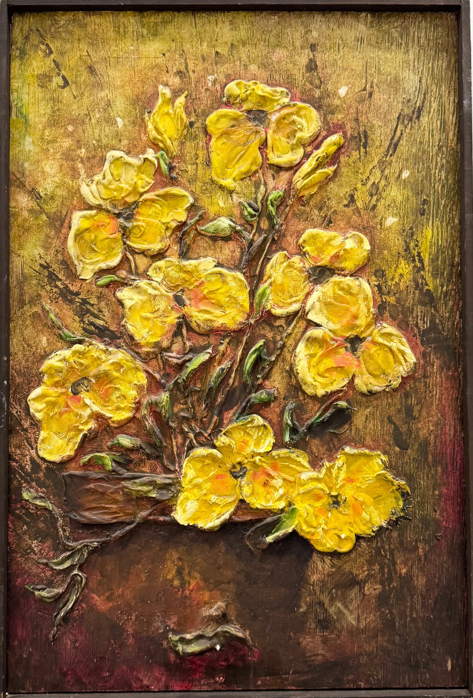 RICHARD D CART (20th c, American) Modernist Floral Still Life Heavy Impasto: Oil on board 24.5 x 16.5 in