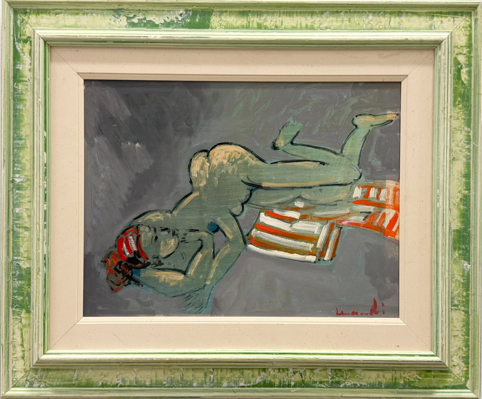 Leonardi Giancarlo 20th c Italian Modernist Beach Nude: Oil on masonite 15.5 x 12 in, 23.5 x 19.5 in (framed)