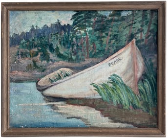 Nicely Framed Antique American School Lake Scene With Boat