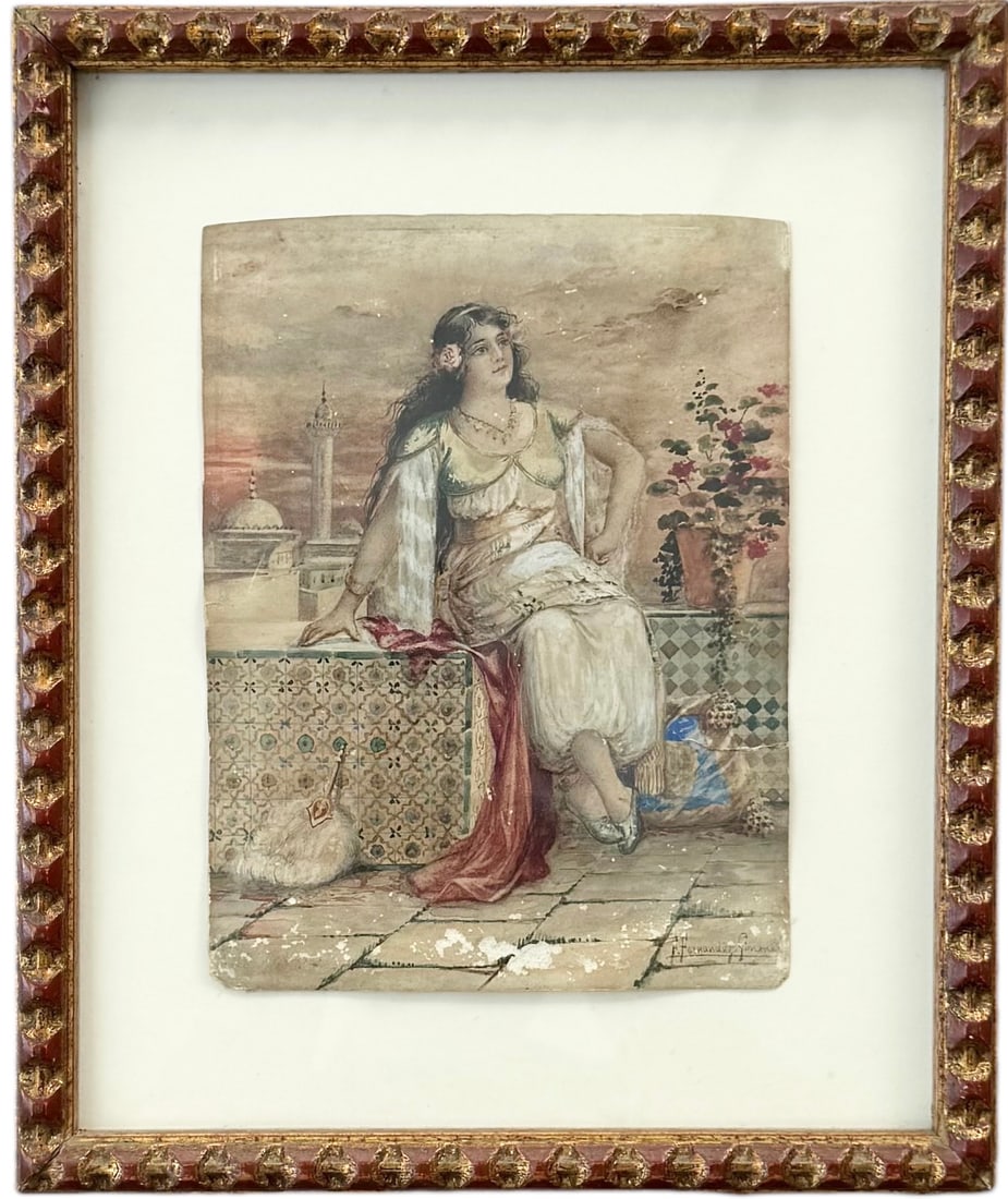 Federico Fernandez Gimenez Listed Spanish Artist, Orientalist Woman w/ Mosque: Watercolor 8 x 6 in , 12 x 10 in (framed)