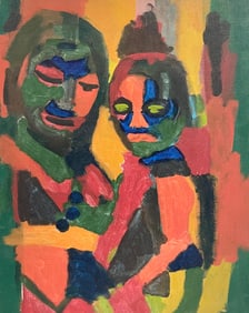 Vintage American Modernist Abstract Father & Daughter Oil On Canvas
