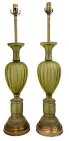 Pair Of Marbro Table Lamps, Venini Corroso Green Glass