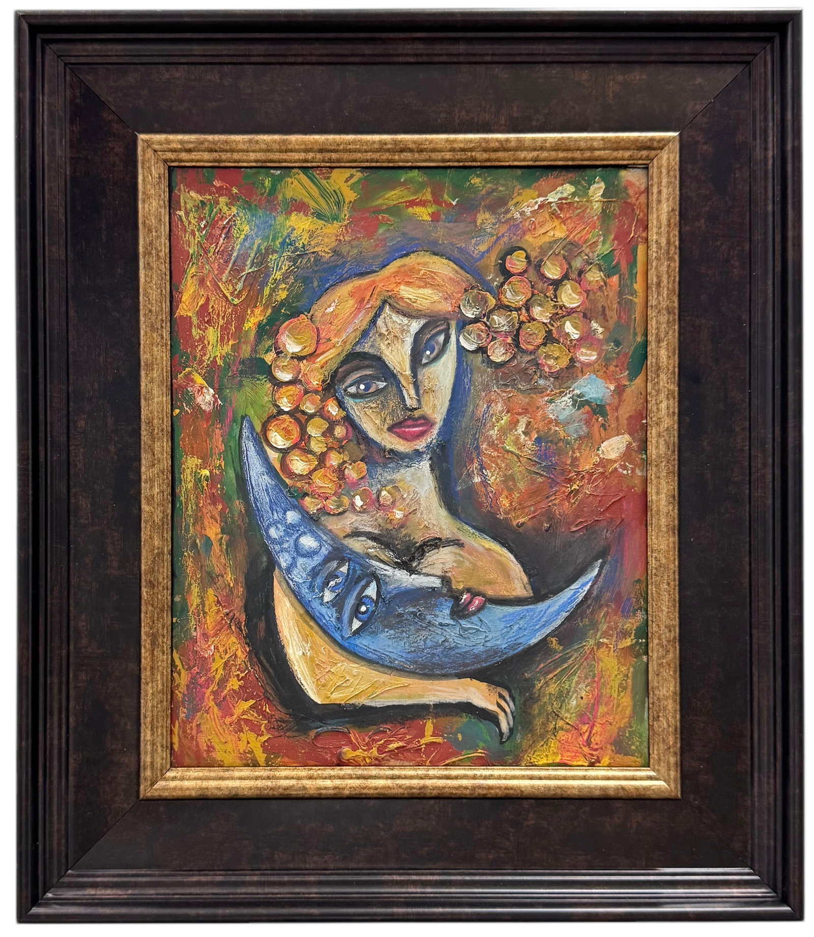 Latin American School Modernist Nude With Moon: Oil on board 14.5 x 12.5 in (framed)