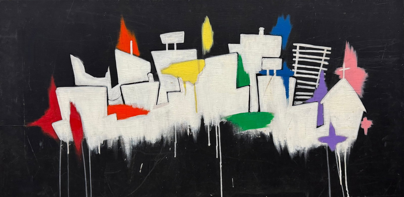 Modernist American Cityscape Oil On Wood Signed Verso 48 x 24 in: Oil on wood 48 x 24 in