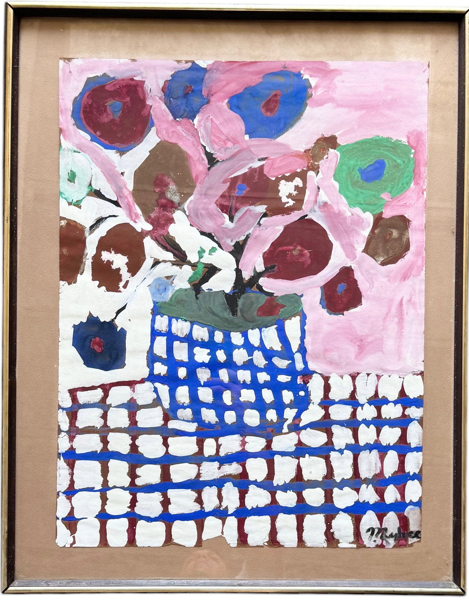 Mid-Century Modernist Still Life Of Flowers: Acrylic, Size 29 x 23 in (framed)