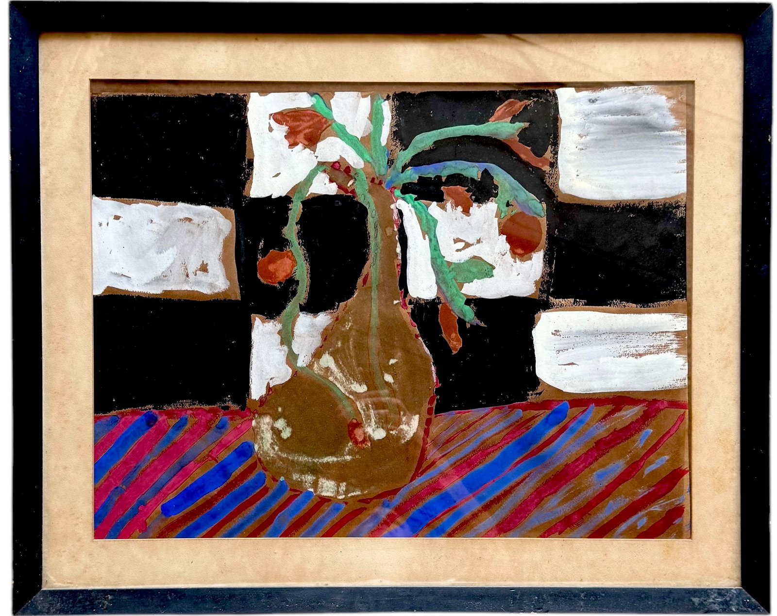 Mid-Century Unsigned Modernist Still Life Of Flowers: Gouache on paper 28.5 x 22.5 in (framed)