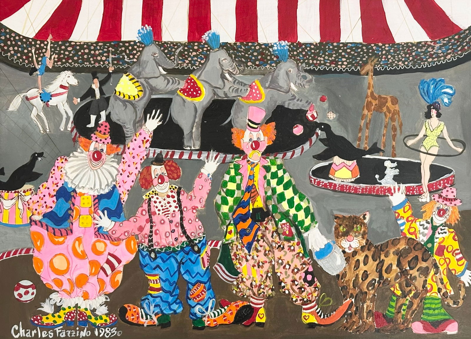 Original CHARLES FAZZINO Mixed Media Painting Circus Scene 1983 (1 of 4)