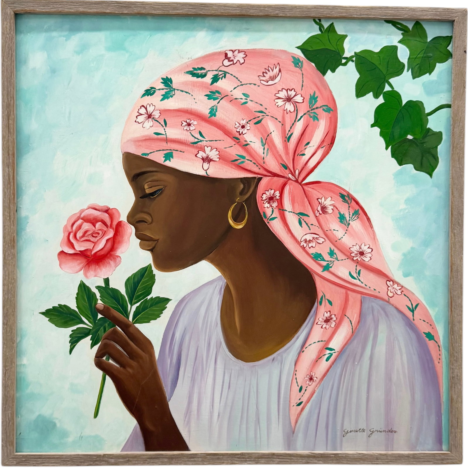 Ginette Grunder (20th c, Haitian) Woman With A Rose: Oil on masonite 25 x 25 in