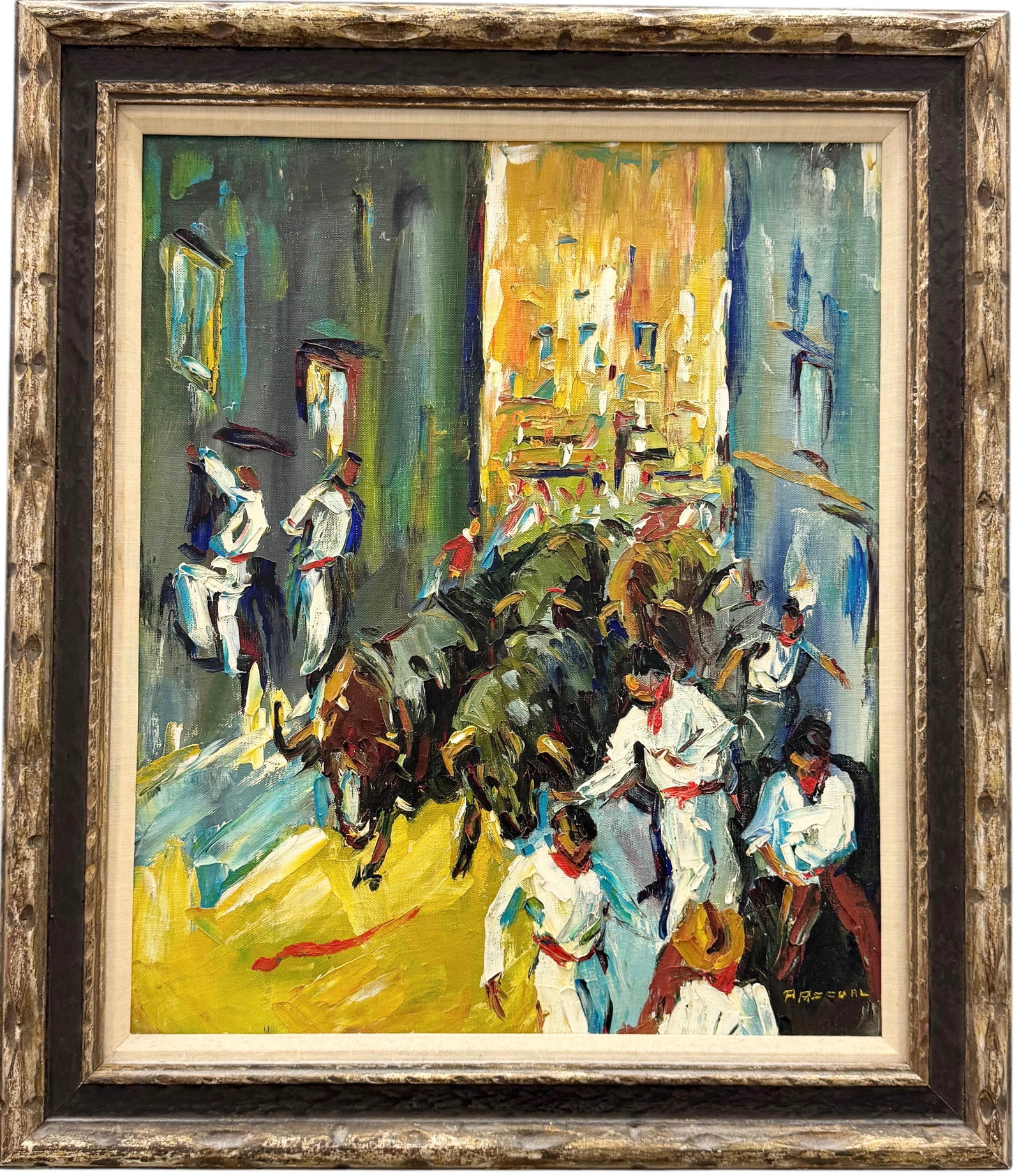 Vintage Spanish School Modernist Bull Fighting Oil On Canvas Painting Signed Pascal: Oil on canvas 21 x 18 in, 27 x 23 in (framed)