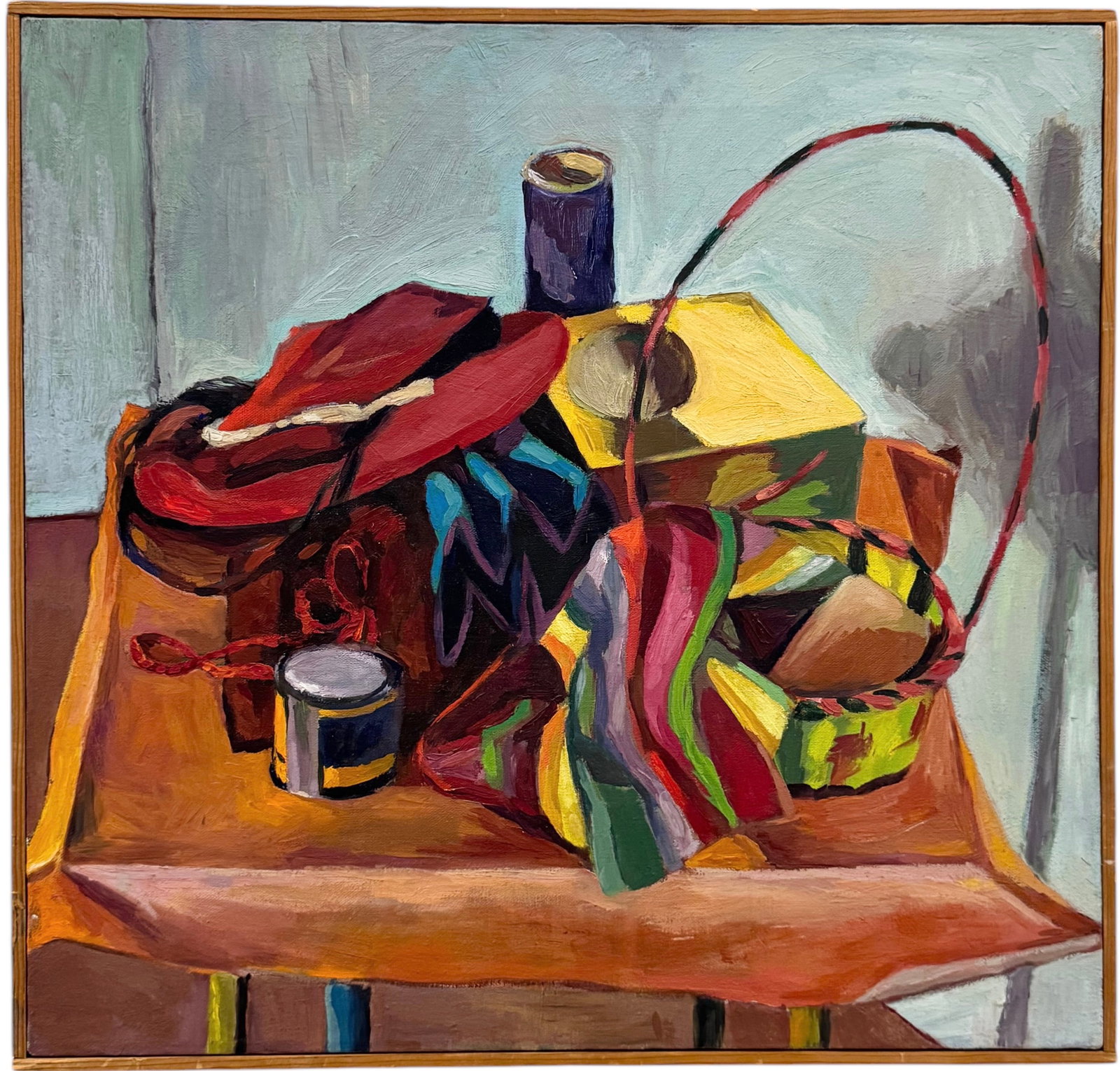 Vintage American School Modernist Still Life Oil On Canvas Painting: 21 x 20 in size