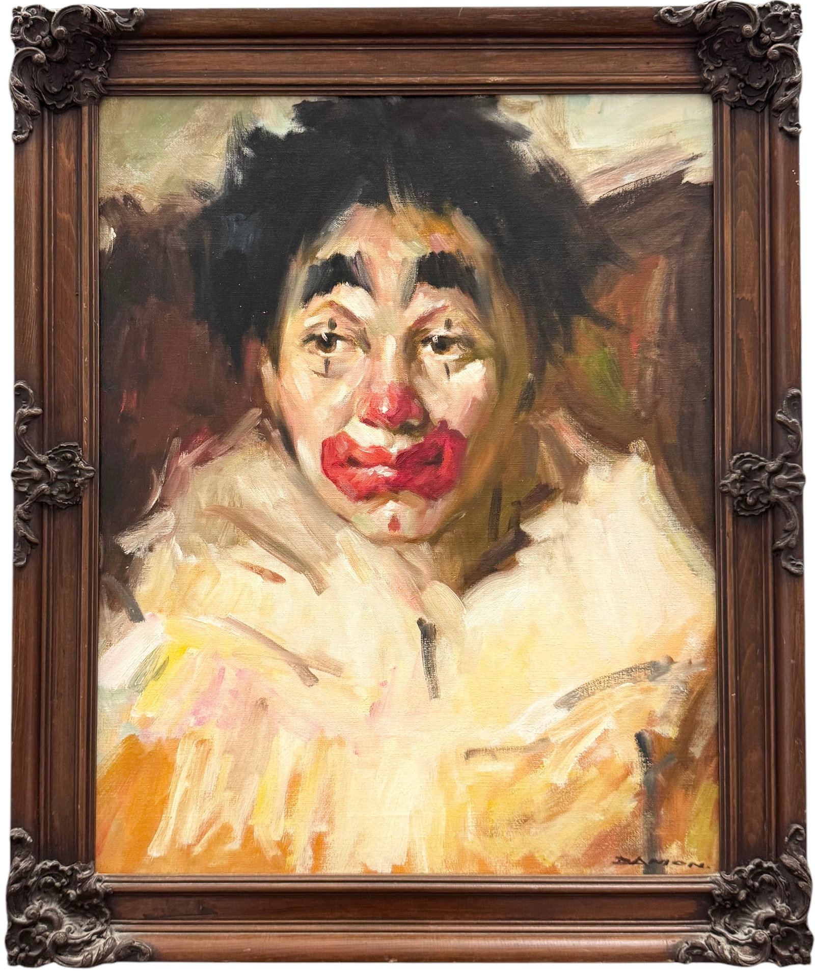 American School Vintage Impressionist Portrait Of A Clown Signed: Oil on canvas 20 x 16 in, 24 x 20 in (framed)