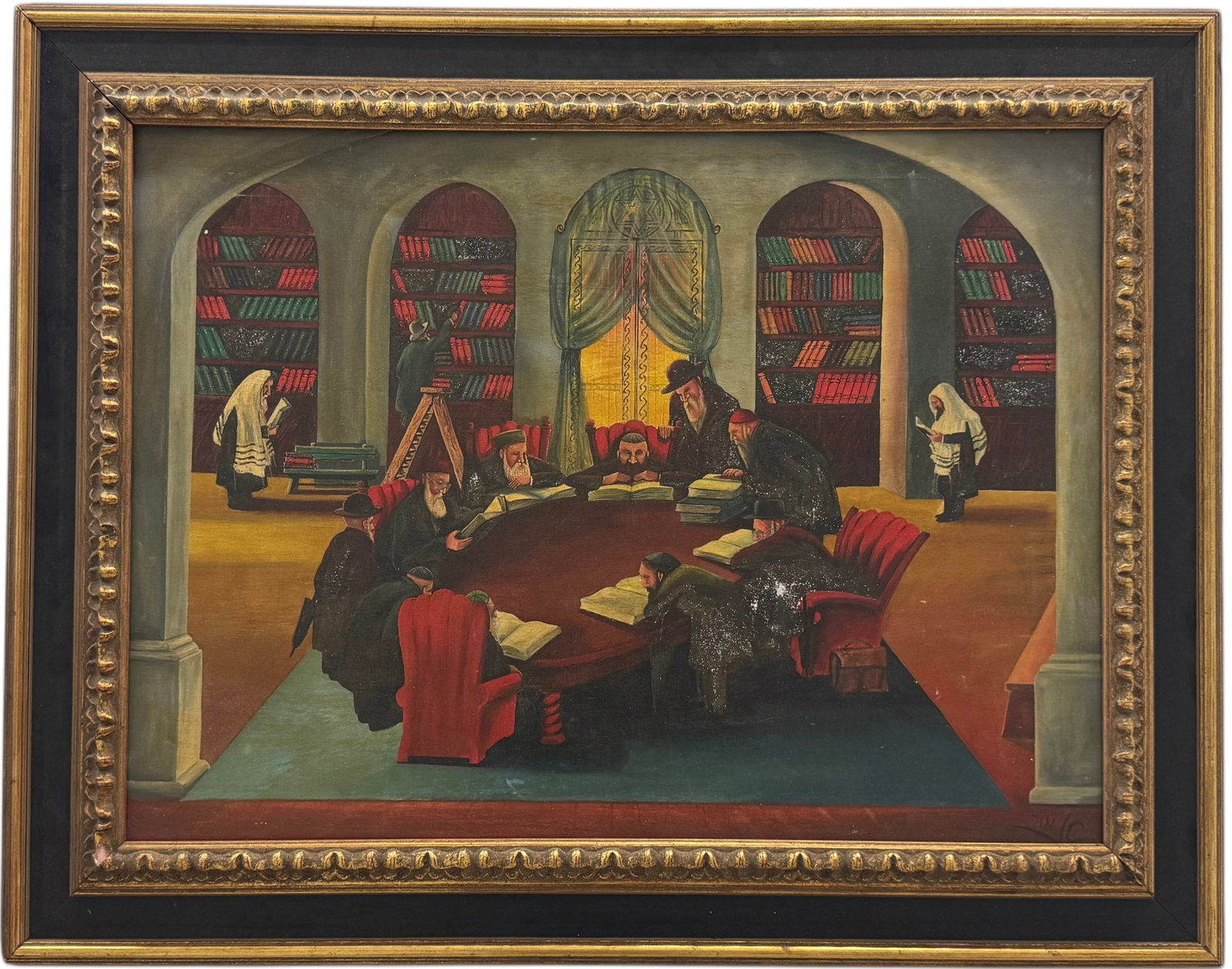Jewish School, Early 20th Century Judaica Rabbis Studying Oil On Canvas Nicely Framed: Oil on canvas 30 x 22 in, 37.5 x 29.5 in (framed)