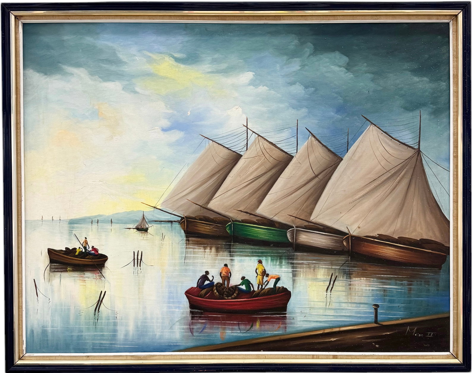 Large Dominican School Harbor Scene Oil On Canvas, Signed: Oil on canvas 48.5 x 38.5 in (framed)