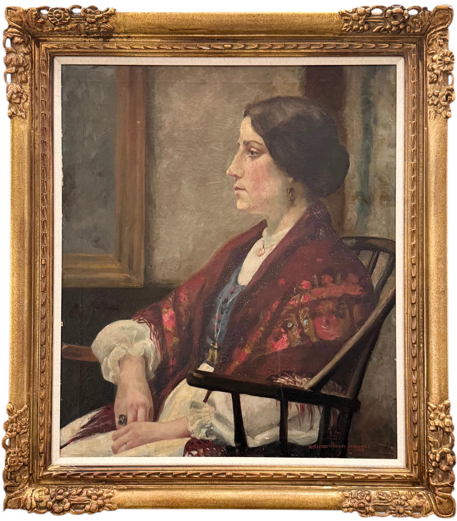 RIXFORD UPHAM JENNINGS (1906-1996, American) Portrait Of A Woman, Buffalo Artist: Oil on canvas 28 x 24 in, 34.5 x 30.5 in (framed). Rixford (Rix) Upham Jennings (American, 1906-1996) painter, commercial illustrator, designer, etcher and teacher. Raised in East Aurora, New York, Ri