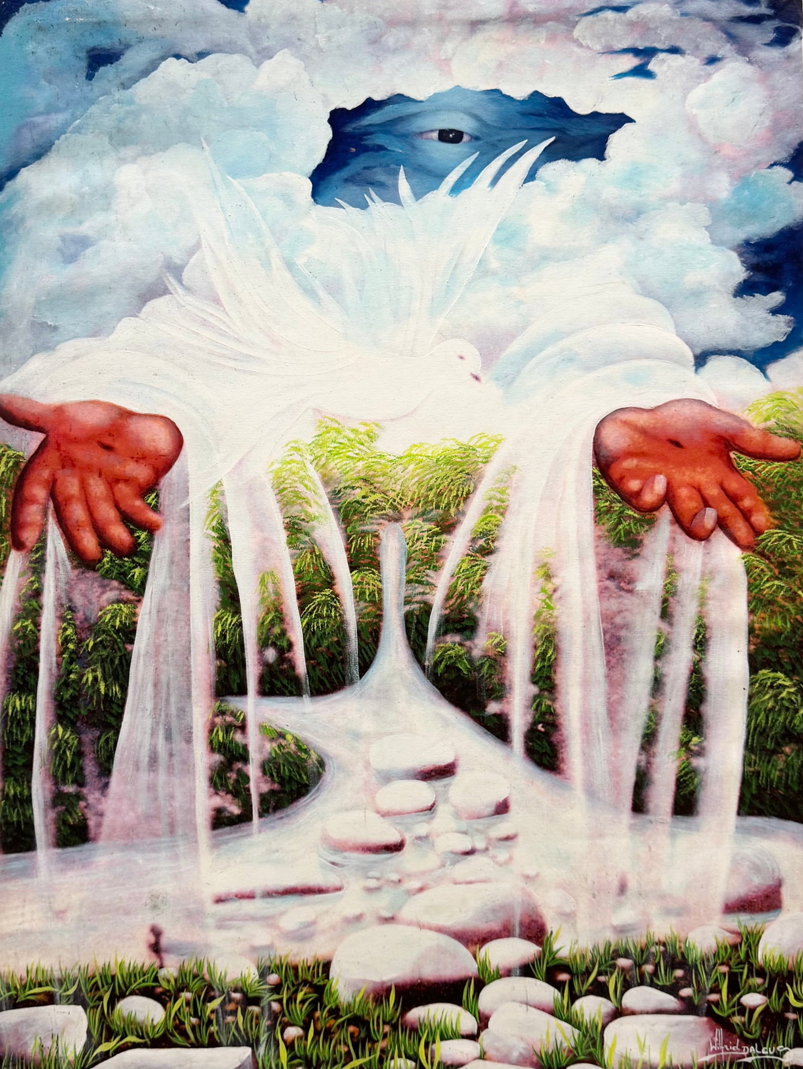 JOSEPH WILFRID DALEUS (1949-2017, Haiti) Large Surrealist Landscape: Oil on canvas 47 x 35.5 in