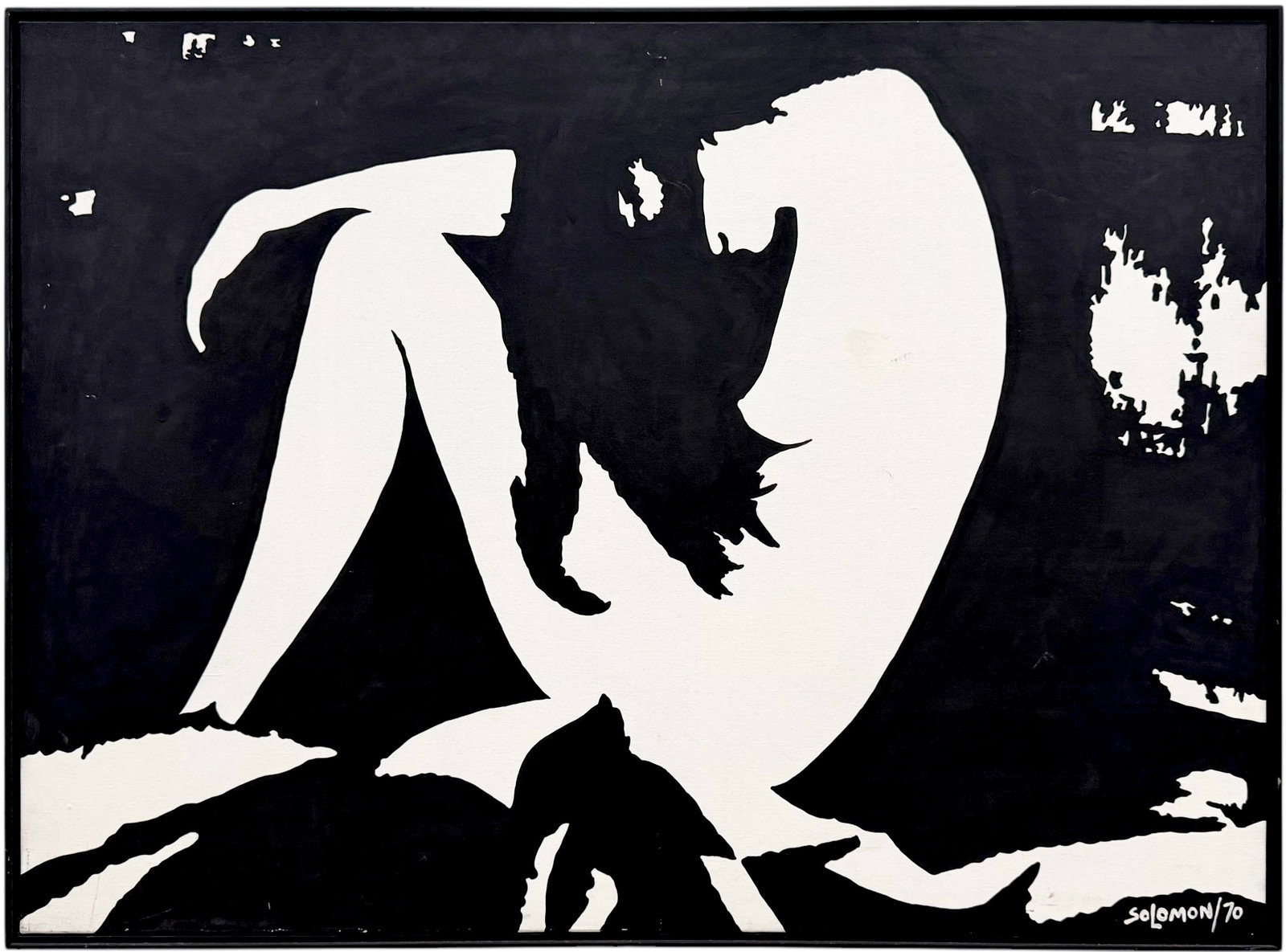 Vintage 1970's American Black & White Hard Edge Nude Abstract Oil On Canvas Painting: Oil on canvas 49 x 36.5 in (framed)